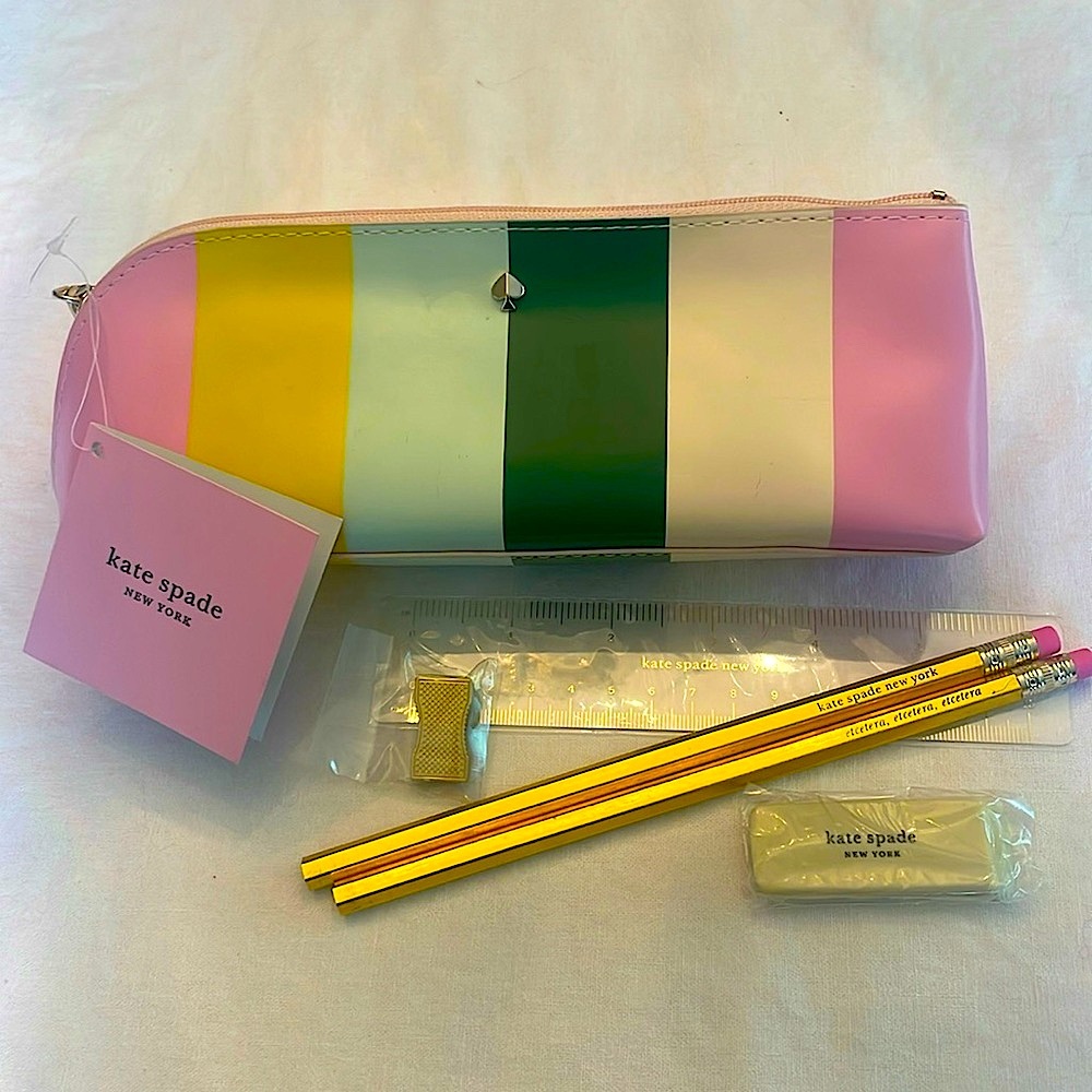 NWT Kate Spade Stripe Pencil Case + Accessories